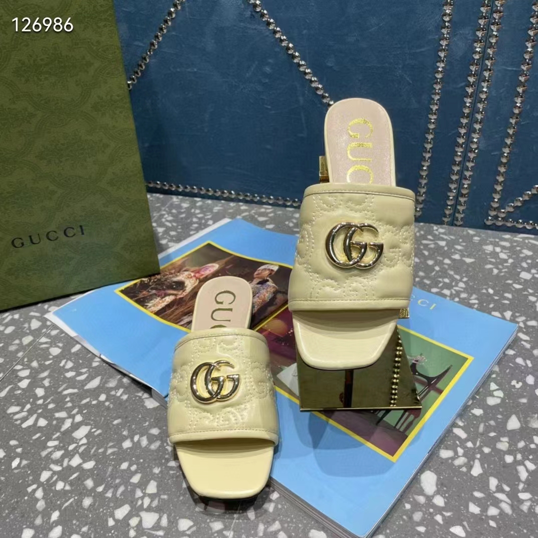Gucci Women Matelassé Slide Sandal Beige GG Matelassé Leather Square Toe Flat
