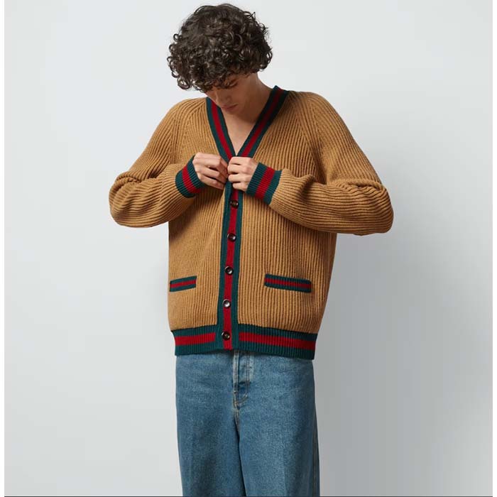 Gucci Men GG Knit Wool Cardigan Web V-Neck Long Sleeves