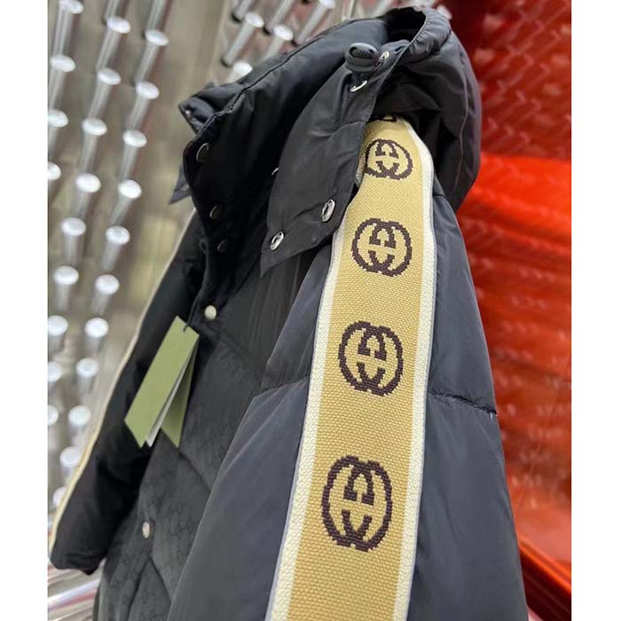 Gucci Women GG Jacquard Nylon Quilted Coat Down Goose Feather Black Knit Rib Nylon Lining