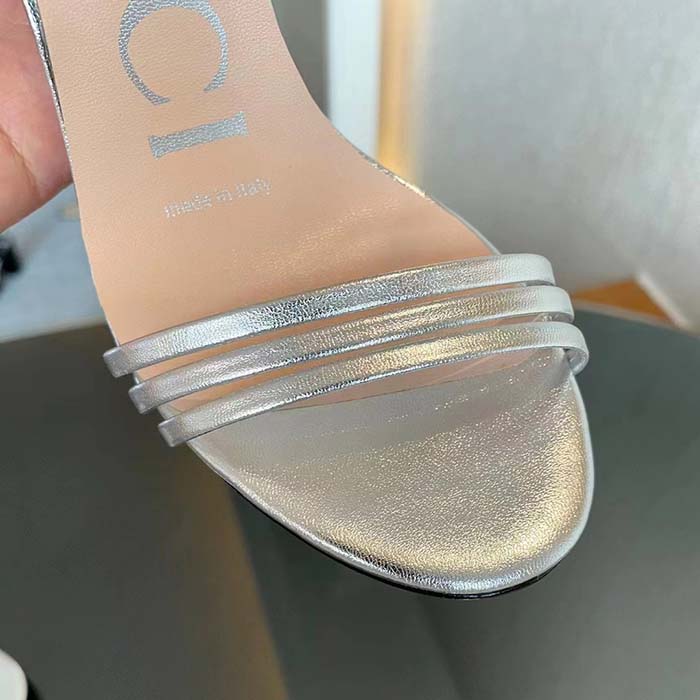 Gucci Women GG High Heeled Metallic Sandal Silver Leather Ankle Strap Metal Double G Buckle Crystals