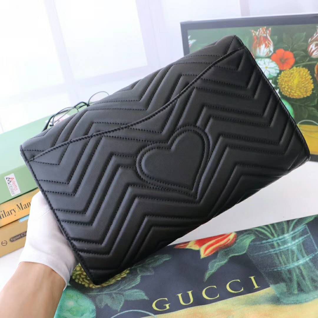 Gucci GG Women GG Marmont Clutch in Black Matelassé Chevron Leather with a Heart