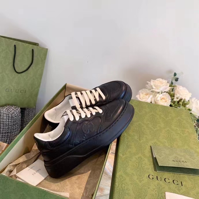 Gucci Unisex Ace GG Embossed Sneaker Black GG Embossed Leather Rubber Sole