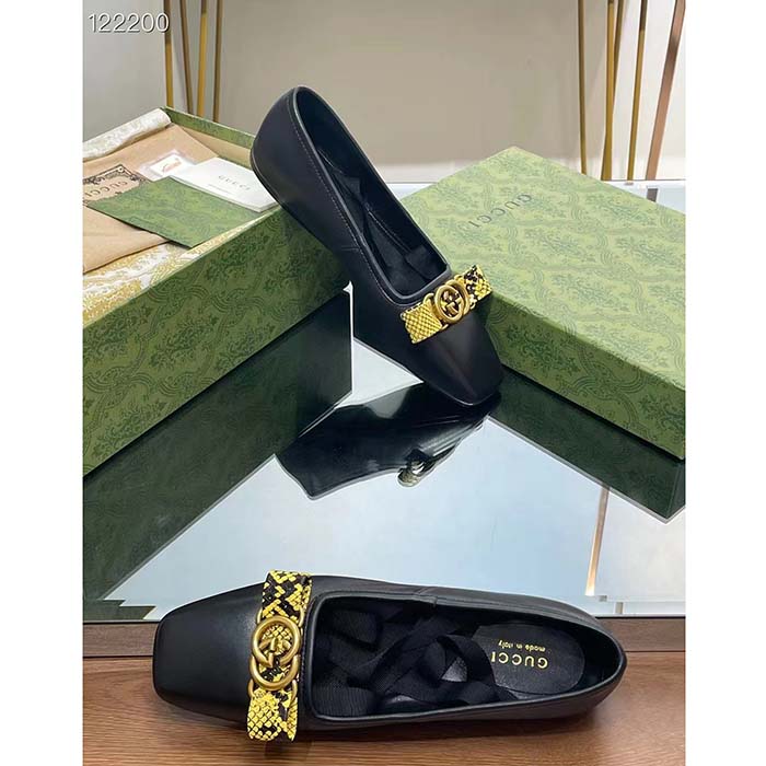 Gucci Women GG Interlocking G Ballet Flat Black Leather Python Print Leather Bow