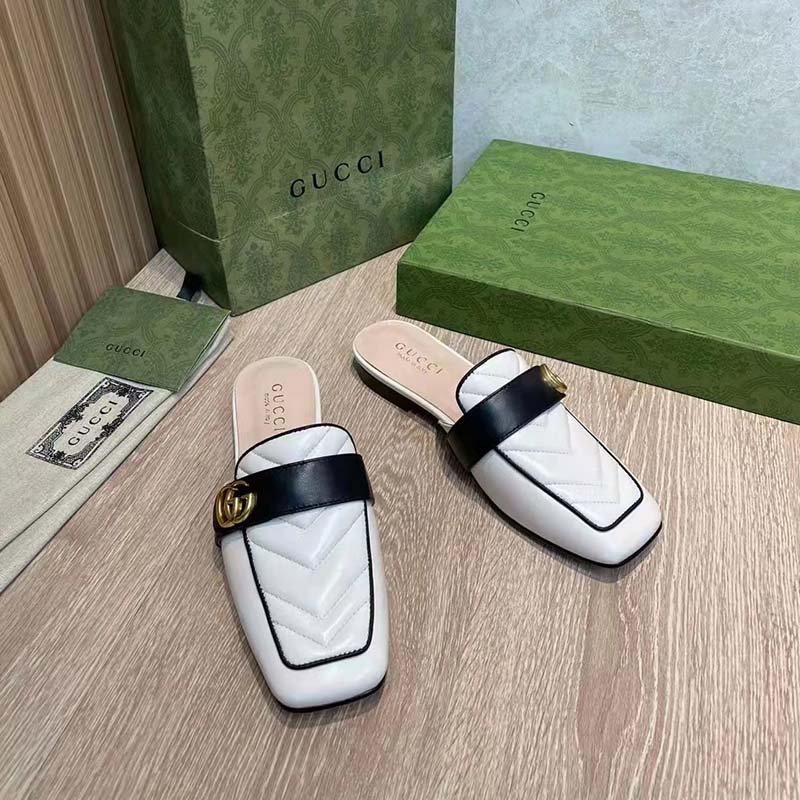 Gucci Women GG Slipper Double G White Leather Matelassé Chevron Insert