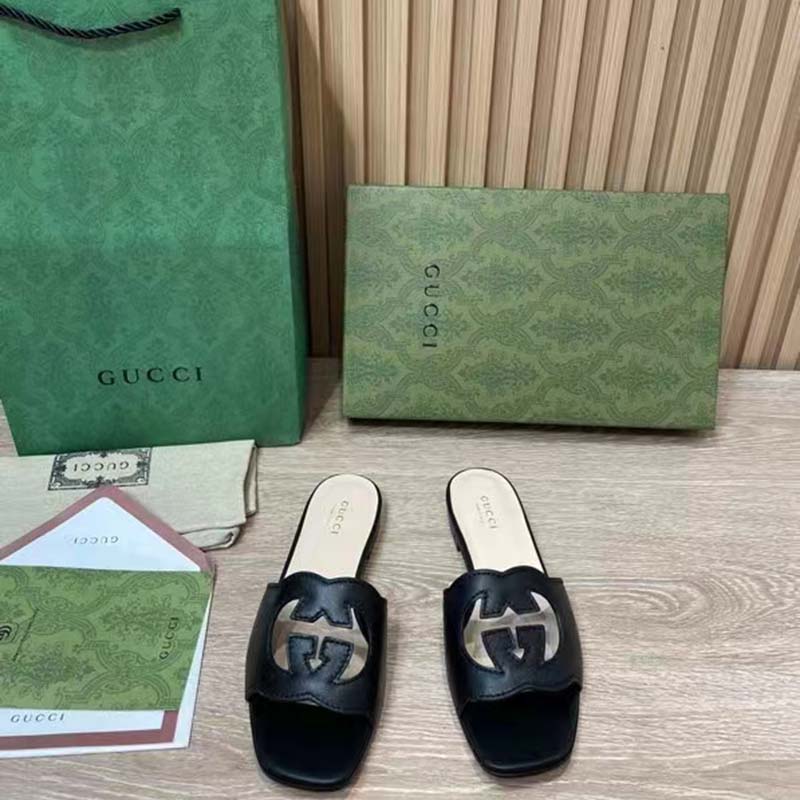 Gucci Women Interlocking G Cut Out Slide Sandal Black Leather Flat