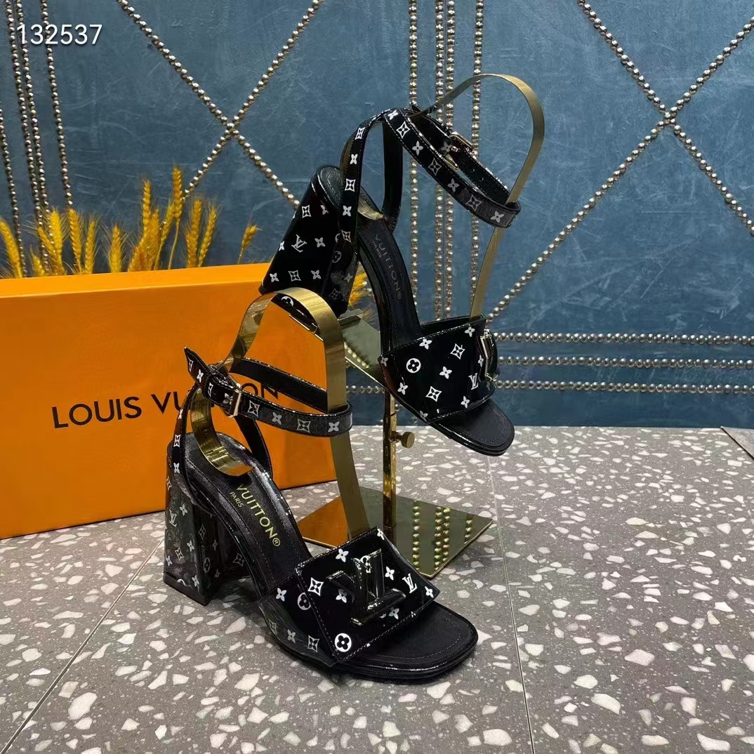 Louis Vuitton Women LV Shake Sandal Black White Printed Patent Calf Leather 9.5 CM Heel