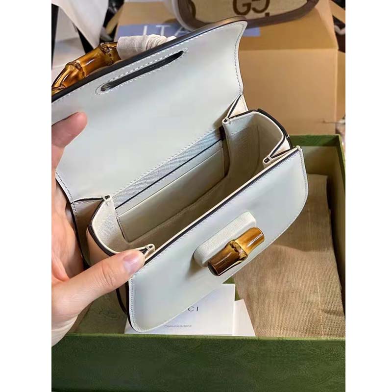 Gucci Women Gucci Bamboo 1947 Small Top Handle Bag White Leather Bamboo Hardware