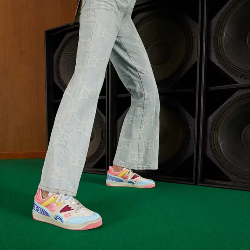 Gucci Unisex Basket Sneaker Blue Demetra White Mesh Rubber Interlocking G Low Heel