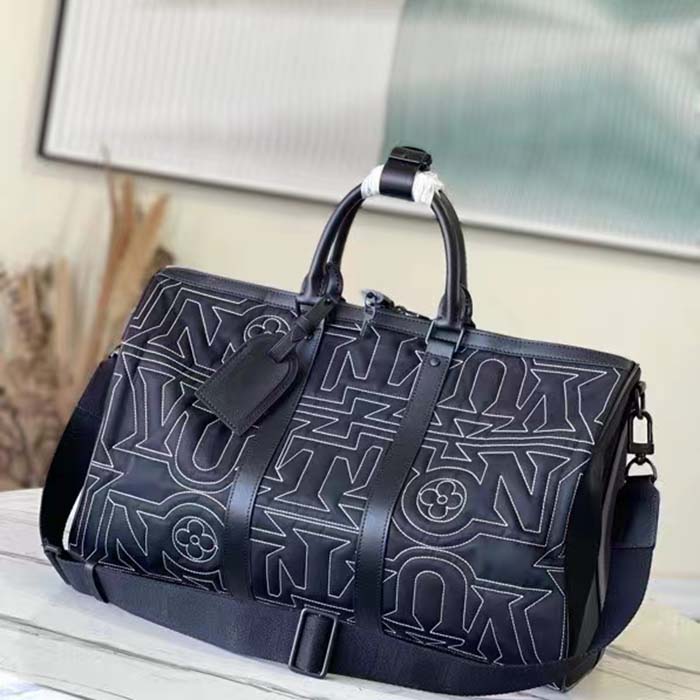 Louis Vuitton LV Unisex Keepall 50B Black Nylon Cowhide Leather Signature Embroidery