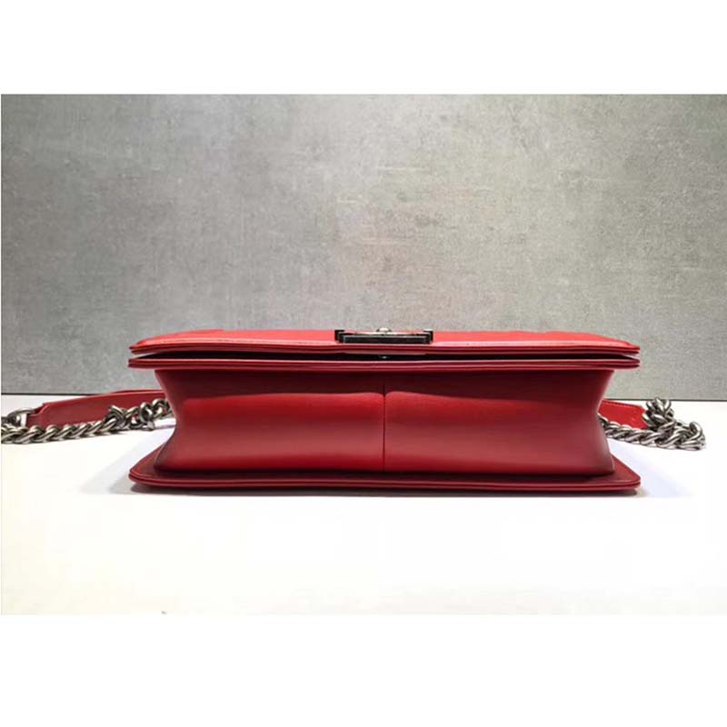 Chanel Women Large Leboy Flap Bag with Chain in Calfskin Leather-Red