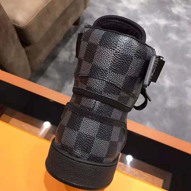 Louis Vuitton LV Men Rivoli Sneaker Boot Shoes in Iconic Damier Graphite Canvas-Grey