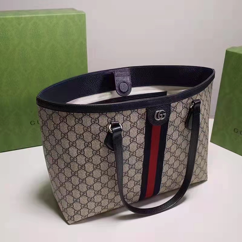 Gucci Unisex Ophidia Medium GG Tote Beige Blue GG Supreme Canvas