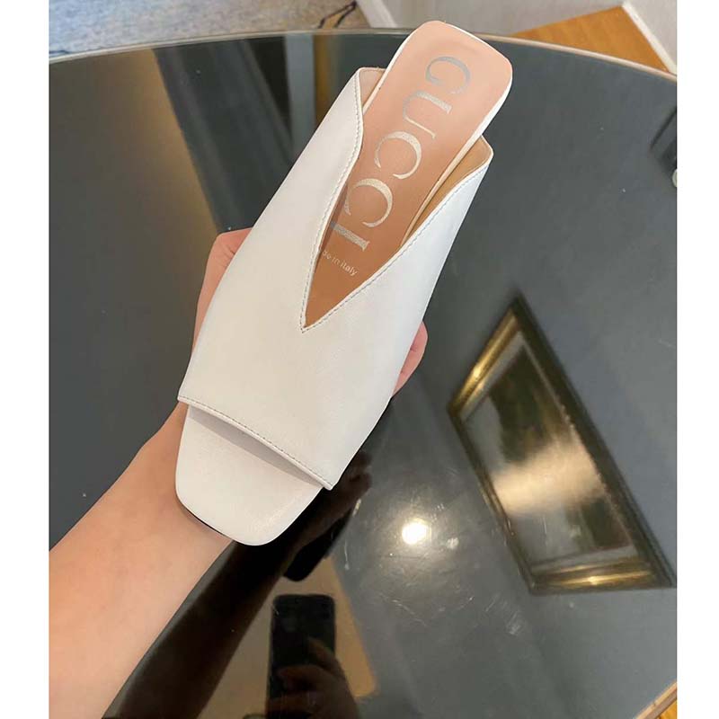 Gucci Women GG Low Heel Sandal White Leather Square Toe Leather Sole 3 Cm Heel