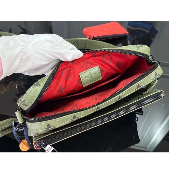 Louis Vuitton LV Unisex Trio Messenger Khaki Green Vermillion Red Monogram Canvas Cowhide Leather