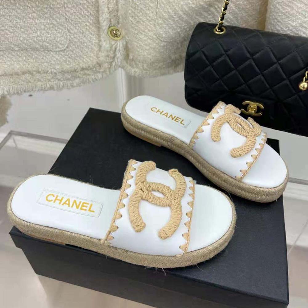 Chanel Women Mules Lambskin Beige & White