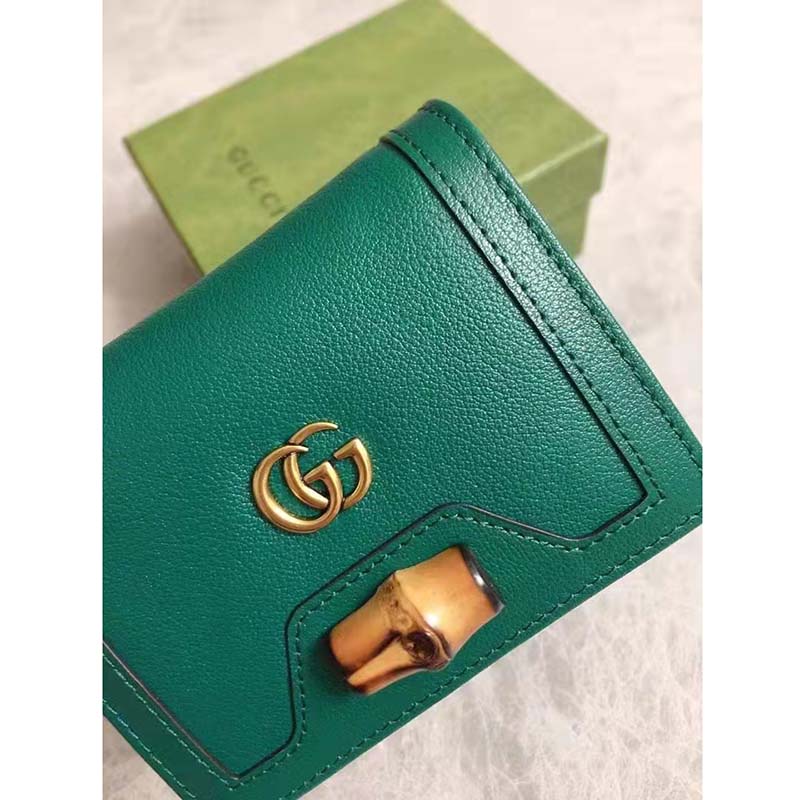 Gucci Women Gucci Diana Card Case Wallet Double GG Green Leather