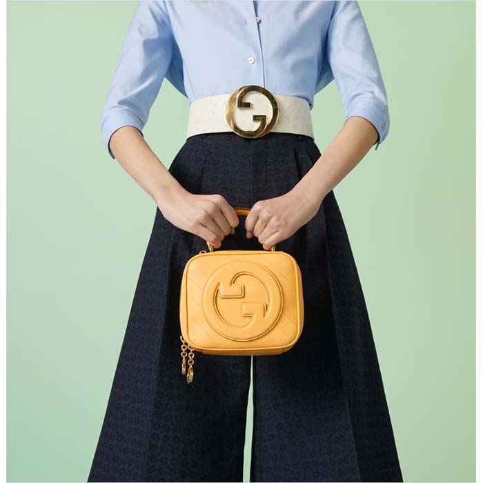 Gucci Women GG Blondie Top Handle Bag Yellow Leather Round Interlocking G