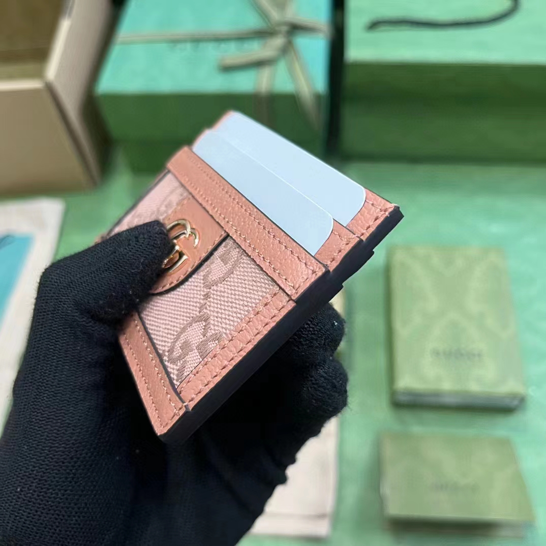 Gucci Unisex Ophidia GG Card Case Wallet Pink Canvas Leather Double G Four Card Slots