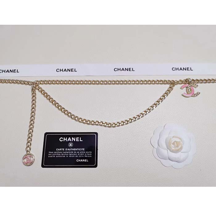 Chanel Women CC Belt Gold Tone Metal Pink Chanel Logo