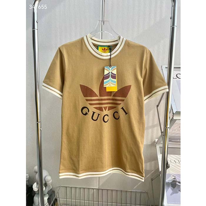 Gucci Women GG Adidas x Gucci Cotton T-Shirt Camel Jersey Trefoil Print Crewneck