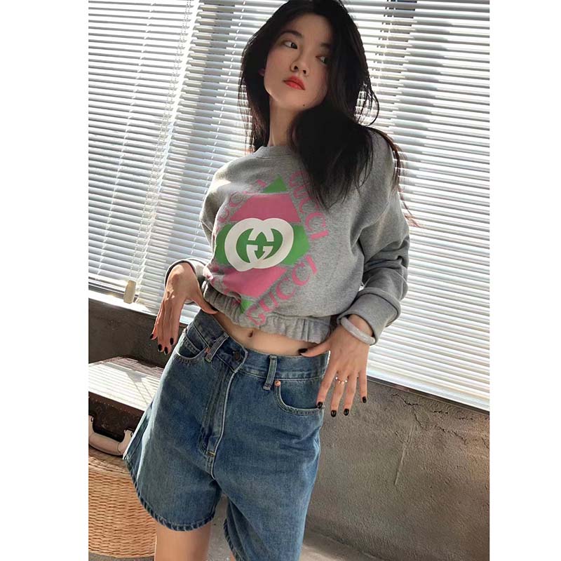 Gucci GG Women Cotton Jersey Sweatshirt Grey Heavy Felted Cotton Crewneck Long Sleeves