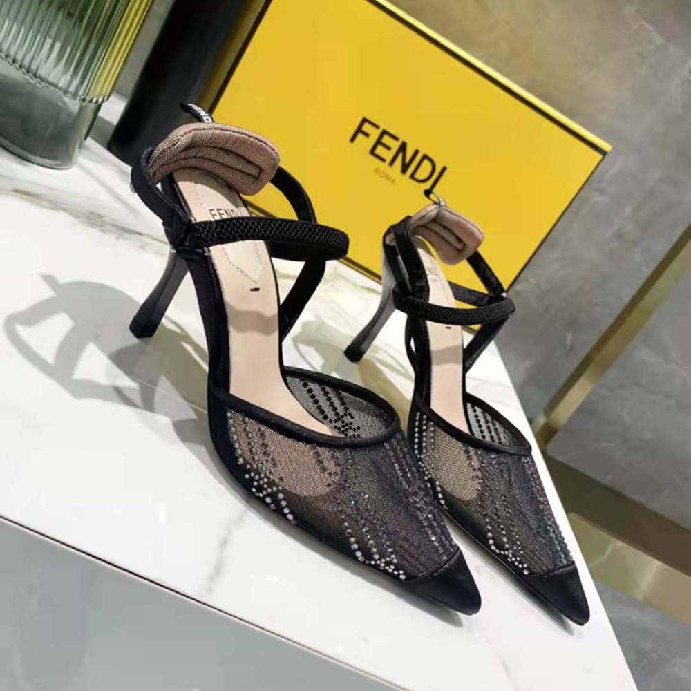 Fendi Women Colibri Black Mesh High-Heeled Slingbacks with Rhinestone Embroidery