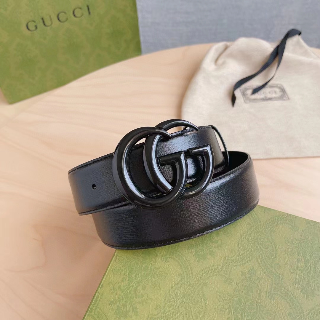 Gucci Unisex GG Marmont Wide Belt Black Leather Double G Buckle 3.8 CM Width