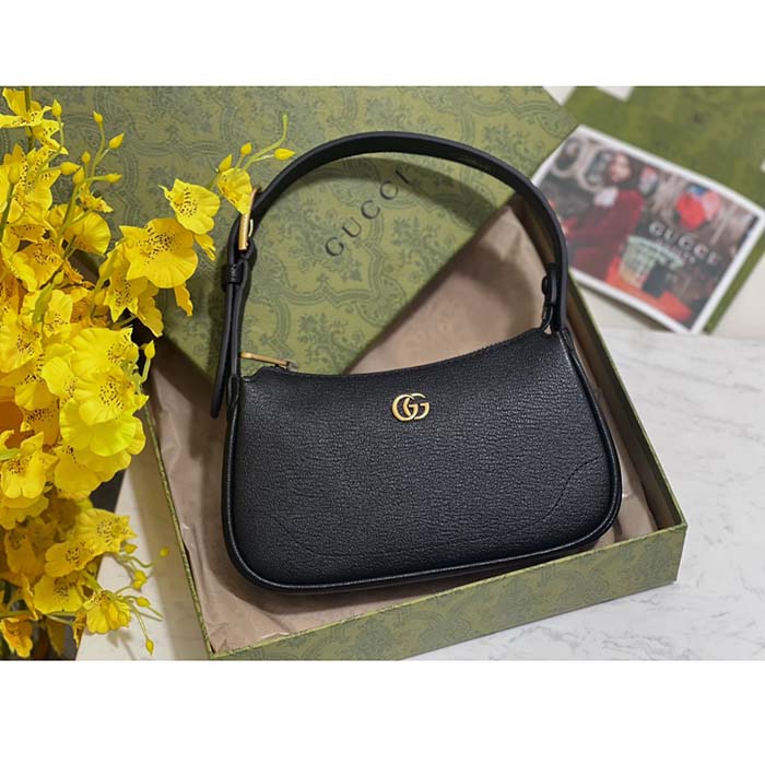 Gucci Women GG Aphrodite Shoulder Bag Double G Black Leather Zip Closure
