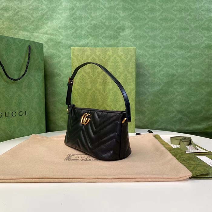 Gucci Women GG Marmont Shoulder Bag Black Matelassé Chevron Leather Double G