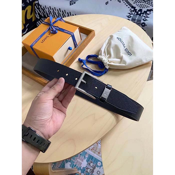 Louis Vuitton Unisex Pont Neuf 35 MM Width Black Taiga Calf Leather Brass Buckle