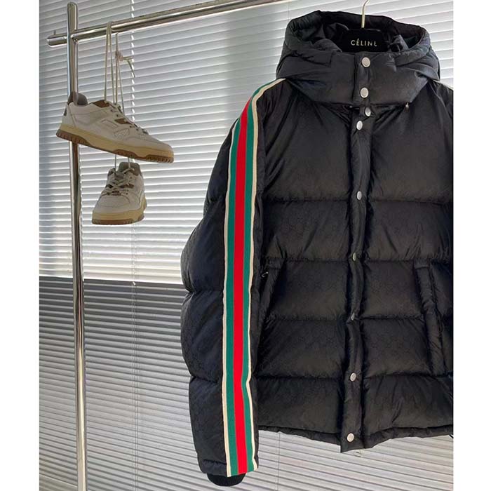 Gucci Men GG Nylon Jacquard Jacket Web Black Stripe Lined Fixed Hood Rib Cuffs