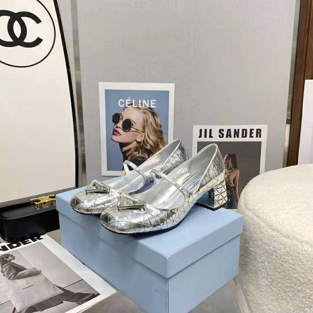 Prada Women Metallic Leather Pumps in 45mm Heel Height-Silver