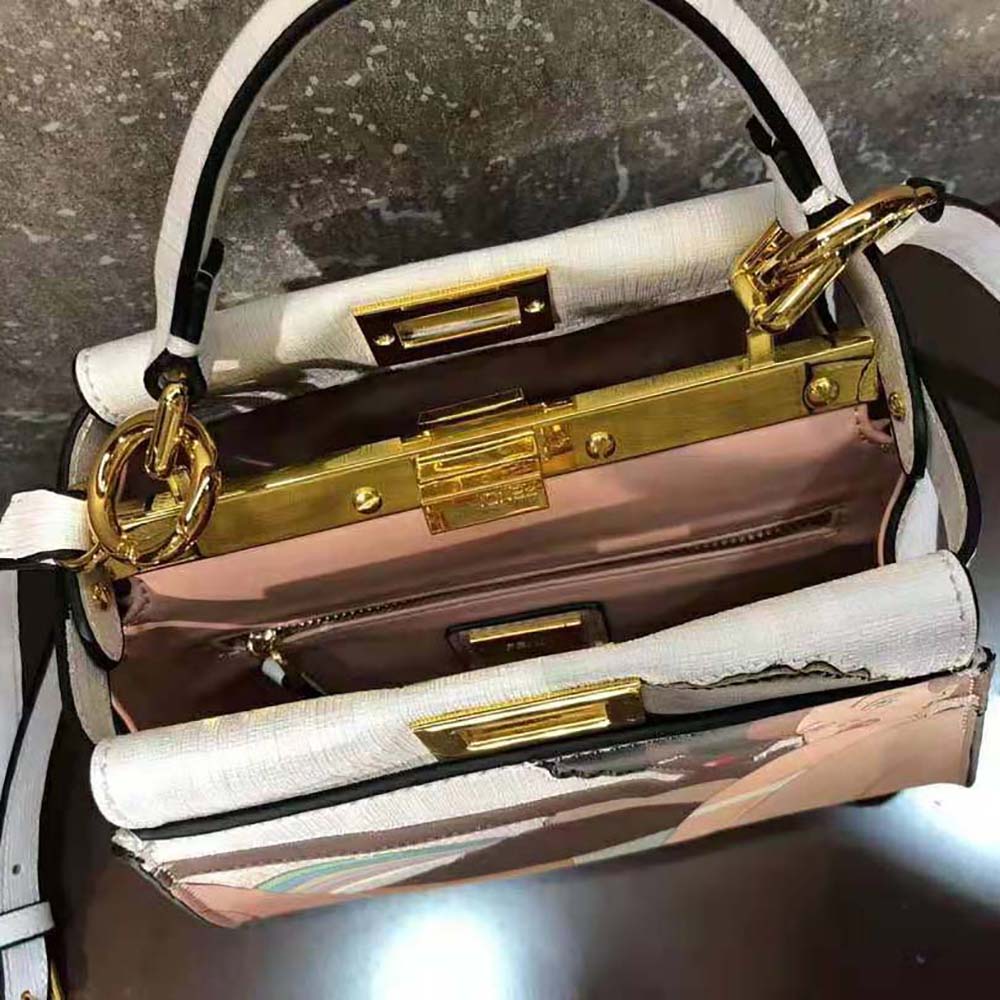 Fendi Women Peekaboo Iconic Mini FF White Glazed Fabric Bag with Inlay