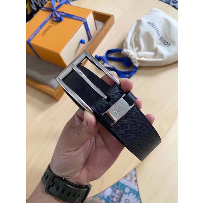 Louis Vuitton Unisex Pont Neuf 35 MM Width Black Taiga Calf Leather Brass Buckle