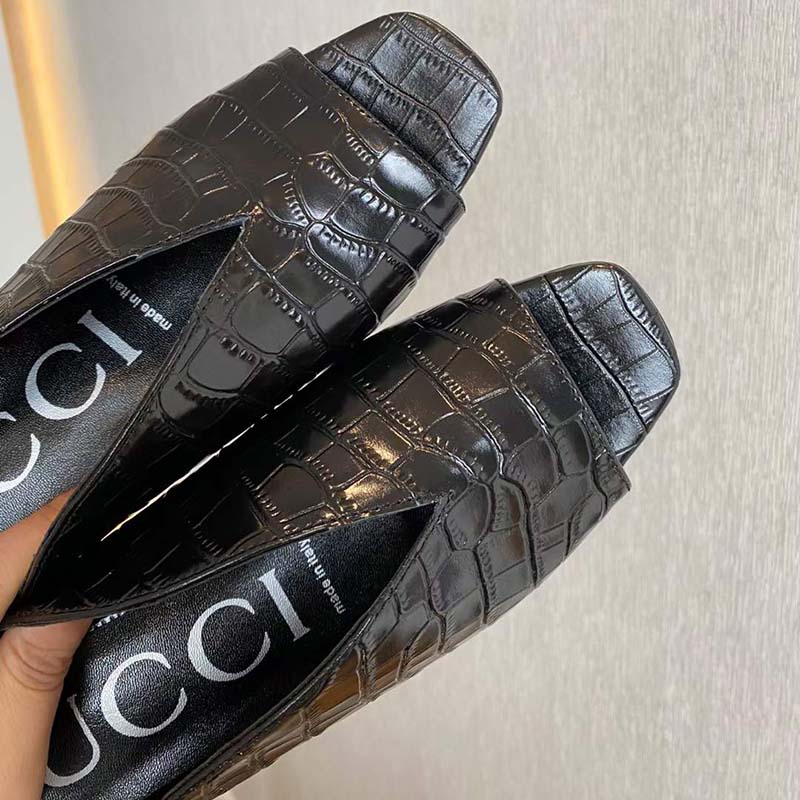 Gucci Women GG Crocodile Print Pump Square Toe Leather Sole Mid 7.6 Cm Heel