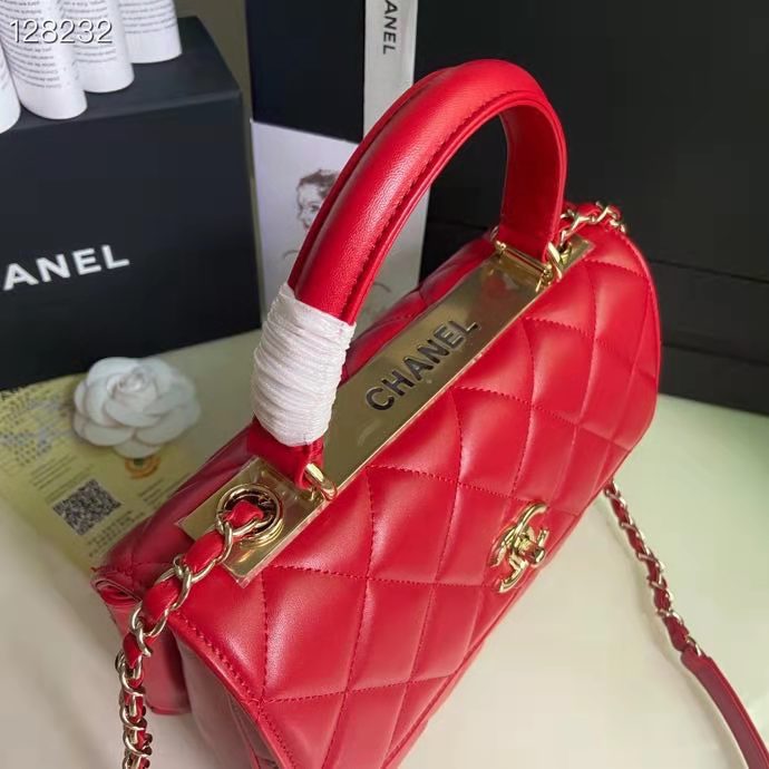 Chanel Women Flap Bag Top Handle Smooth Calfskin Gold-Tone Metal Red