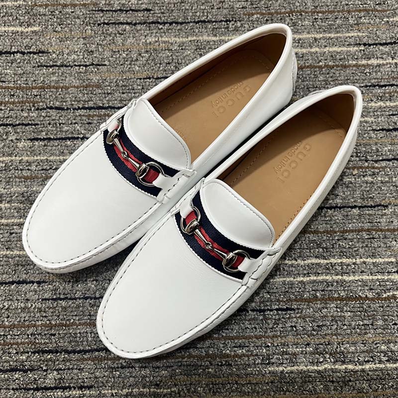 Gucci Men Horsebit Loafer White Square Toe Leather Sole Low Heel