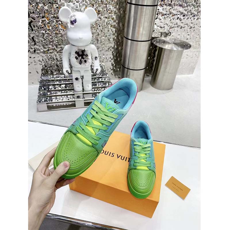 Louis Vuitton Unisex LV Trainer Sneaker Green Grained Calf Leather Rubber Monogram Flowers