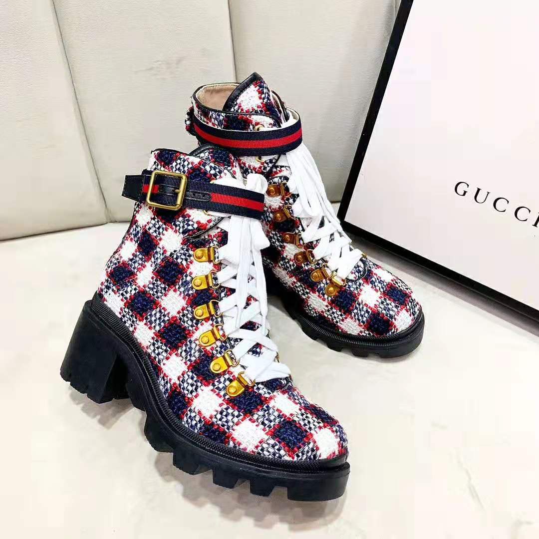 Gucci Women Gucci Zumi GG Check Tweed Ankle Boot in Blue White and Red