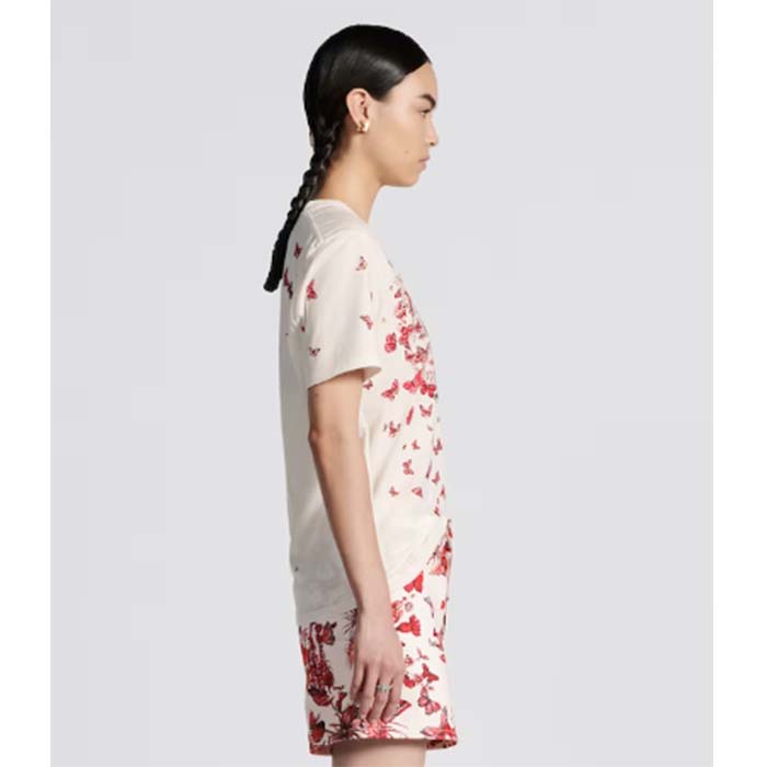 Dior Women CD T-Shirt White Cotton Jersey Red Le Cœur Des Papillons Motif