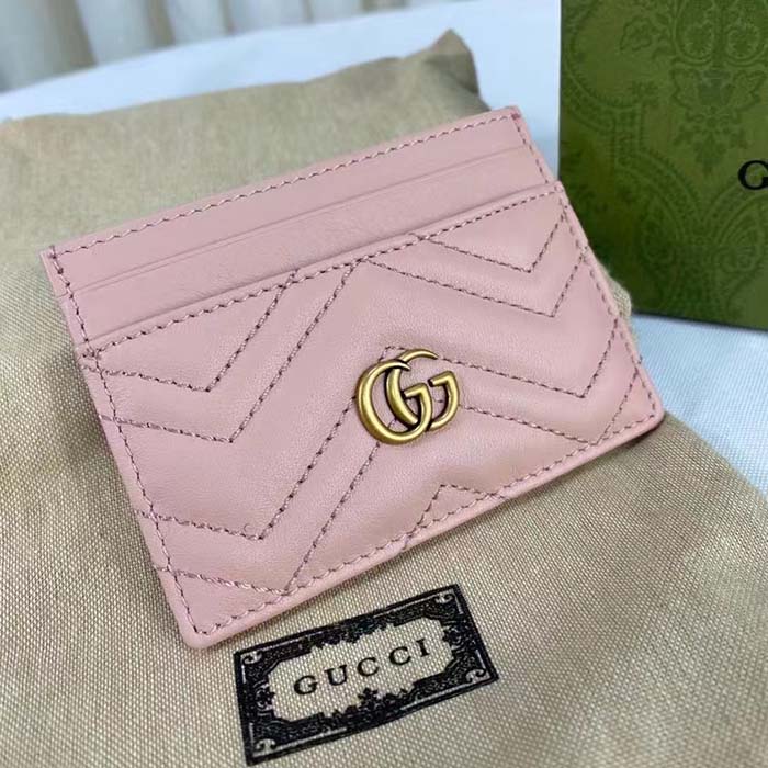 Gucci Unisex GG Marmont Matelassé Card Case Rose Beige Chevron Leather Double G