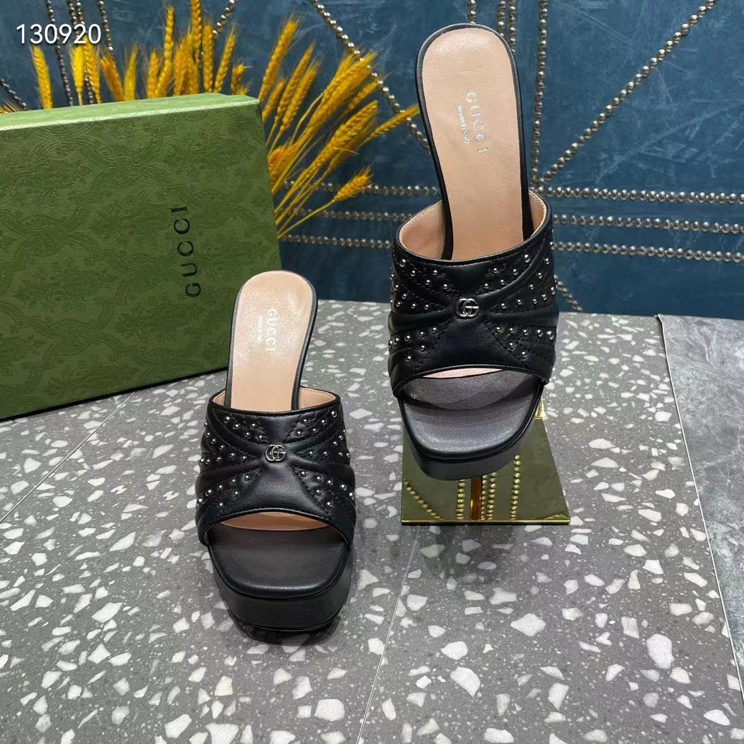 Gucci Women GG Heeled Slide Sandals Black Leather Studs Spool High 15 Cm Heel