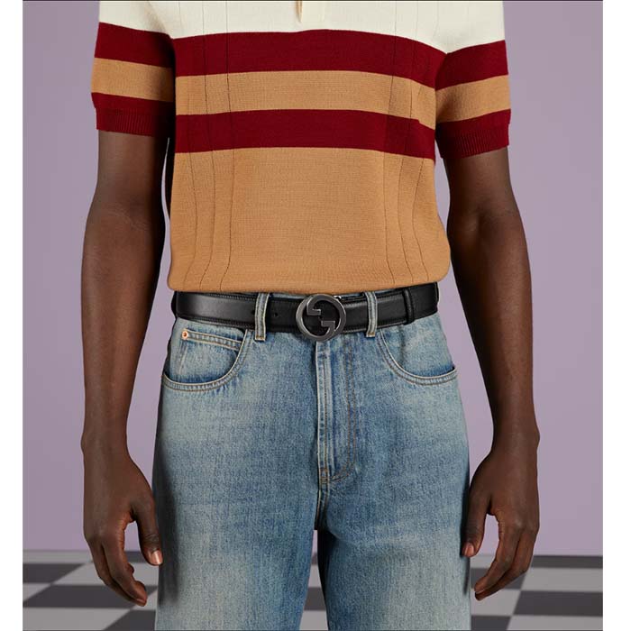 Gucci Unisex GG Blondie Belt Black Leather Round Interlocking G Buckle 4 CM Width