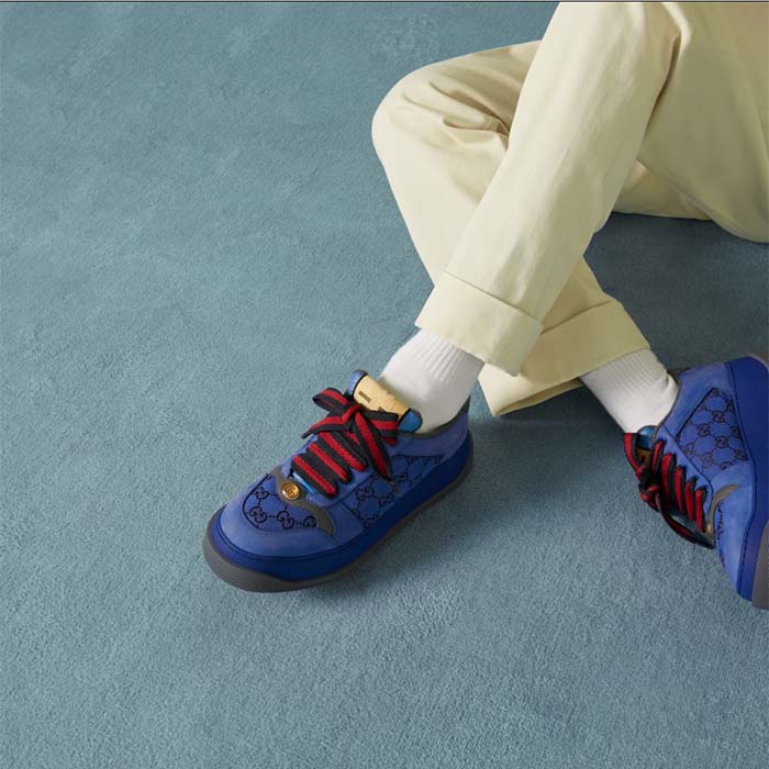 Gucci Unisex Screener GG Sneaker Blue Black Canvas Suede Dark Grey Leather Low Heel