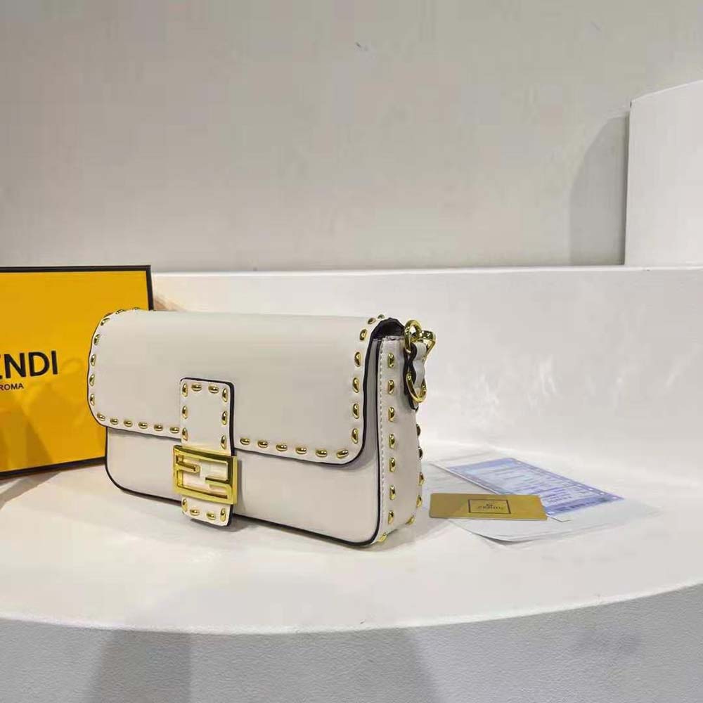 Fendi Women Conic Medium Baguette White Leather Bag