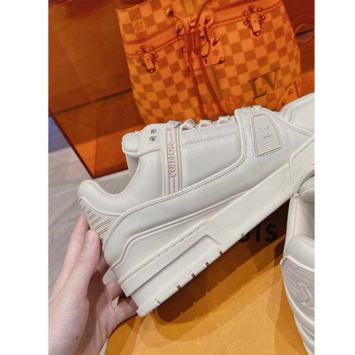 Louis Vuitton Unisex LV Trainer Sneaker Beige Calf Leather Rubber Outsole Monogram Flower
