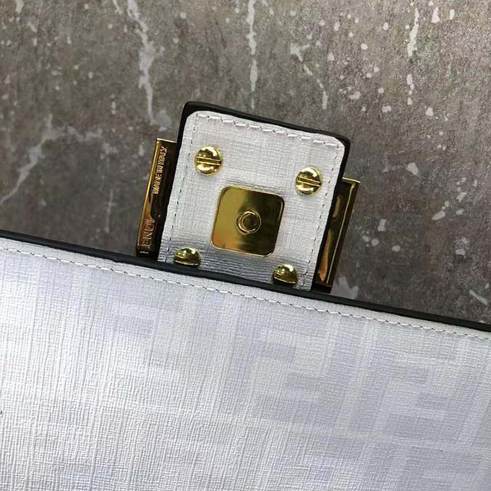 Fendi Women Baguette FF White Glazed Fabric Bag with Inlay