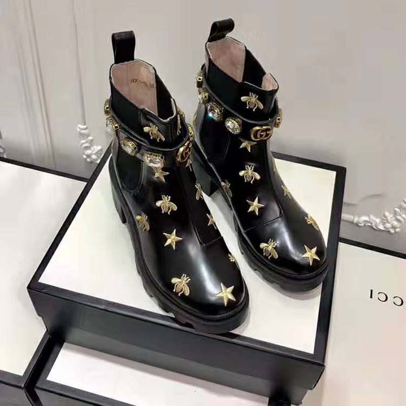 Gucci Women Gucci Embroidered Leather Ankle Boot with Belt in Black leather 6 cm Heel