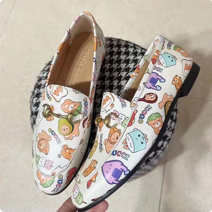Gucci Women GG Jordaan Animal Print Loafer White Leather Flat