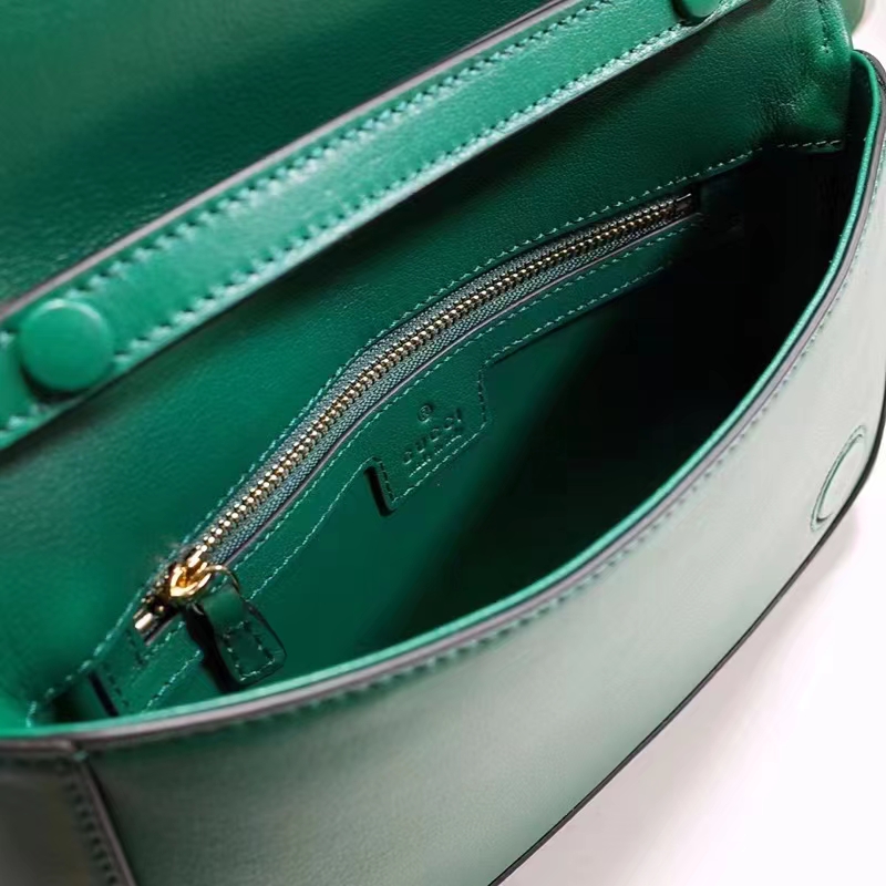 Gucci Women GG Blondie Shoulder Bag Emerald Green Leather Round Interlocking G